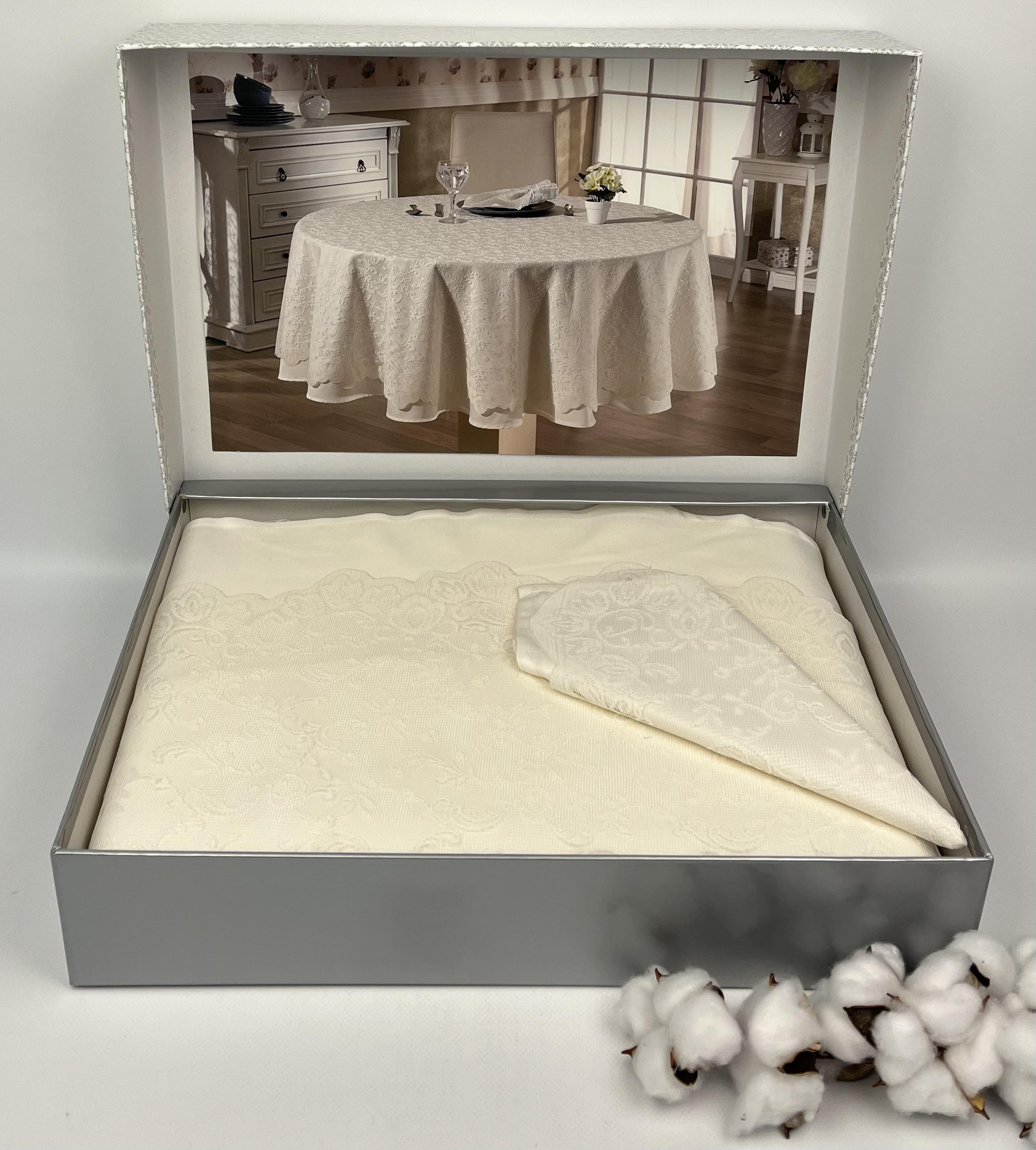 Комплект скатертей Maison D'or Plain and Lace T.Cloth Set d 180/170 см + 12 салфеток Ecru (CN25933)