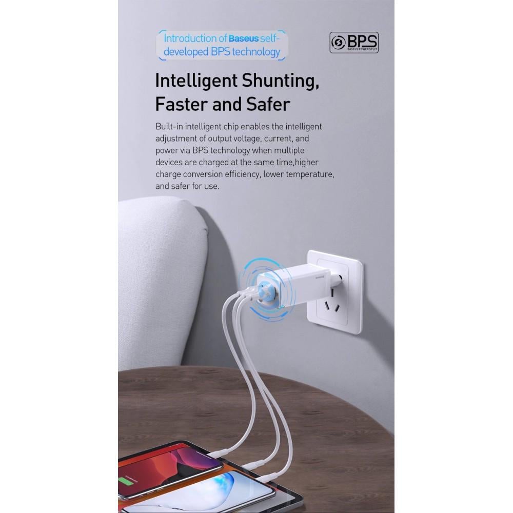 Зарядний пристрій мережевий Baseus GaN 2 pro 65W QC4.0/PD3.0 USB/2Type-C з кабелем White (25397367) - фото 4