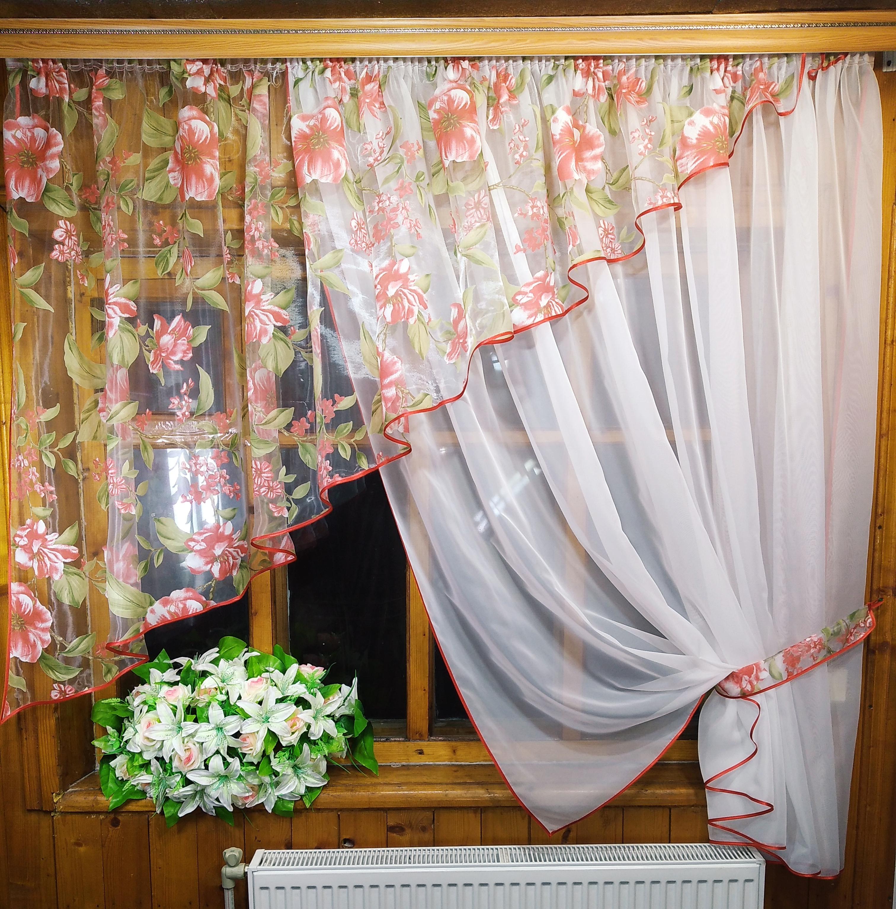 Занавеска кухонная готовая правая короткая Анжелика Белый/Яблочный/Коралловый