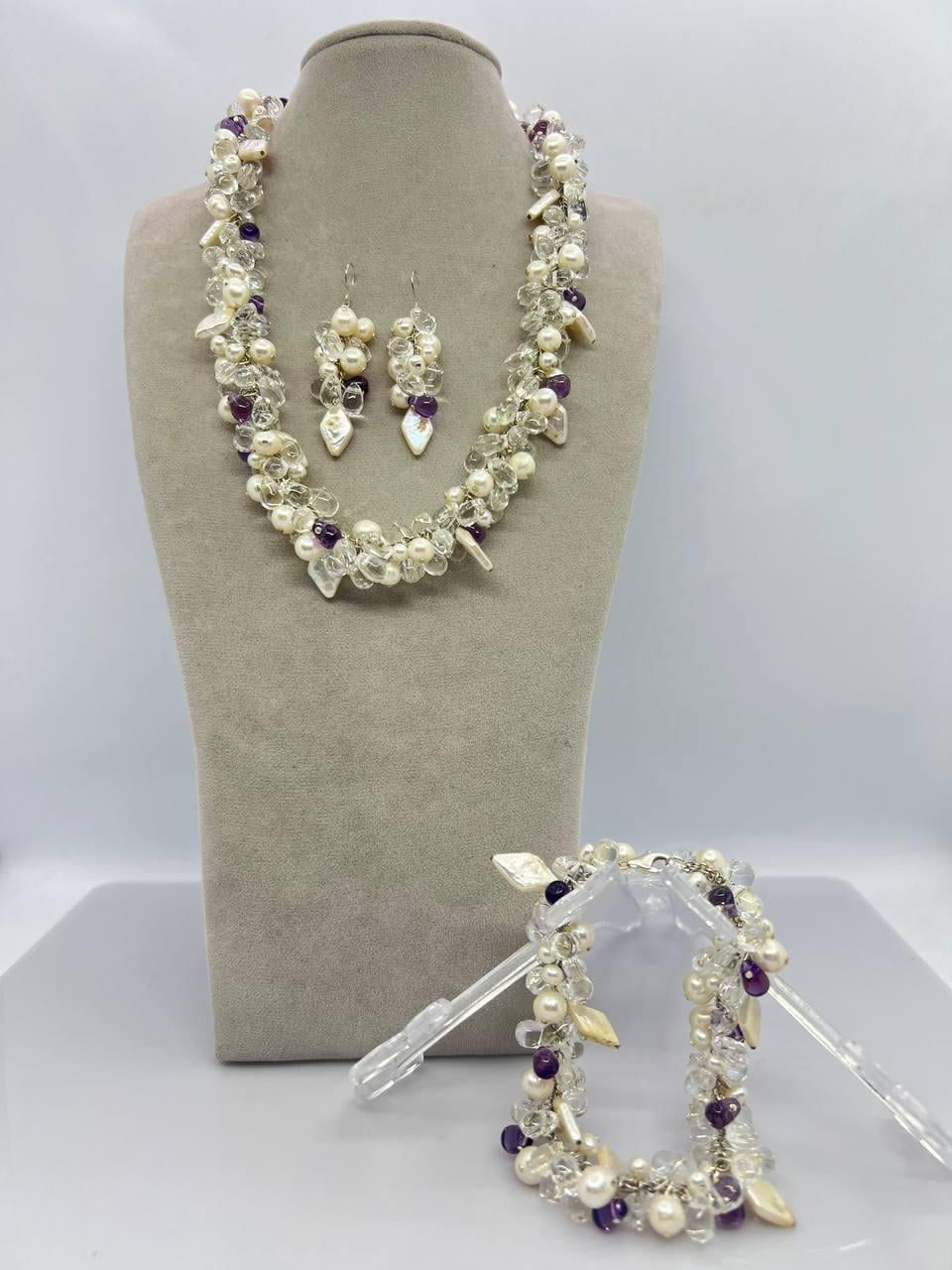 Комплект бусы/браслет/серьги 44 см 21 см Белый (11086)