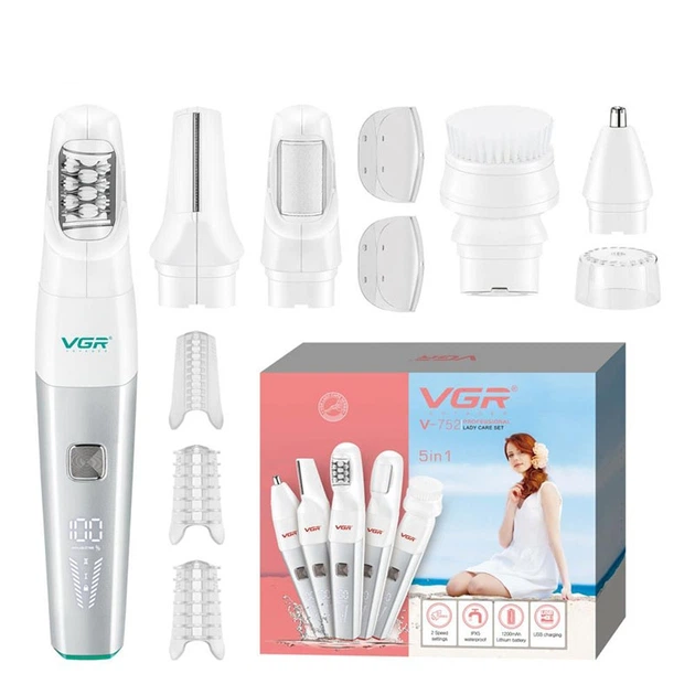 Эпилятор VGR V-752 IPX5 аккумуляторный с 5 насадками триммер/триммер для носа/пемза/щетка Зеленый