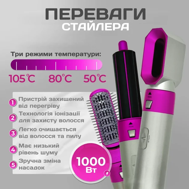 Фен-стайлер для волосся 1000 Вт Рожевий (2549772429) - фото 5 Фен-стайлер для волосся 1000 Вт Рожевий (2549772429) - фото 5