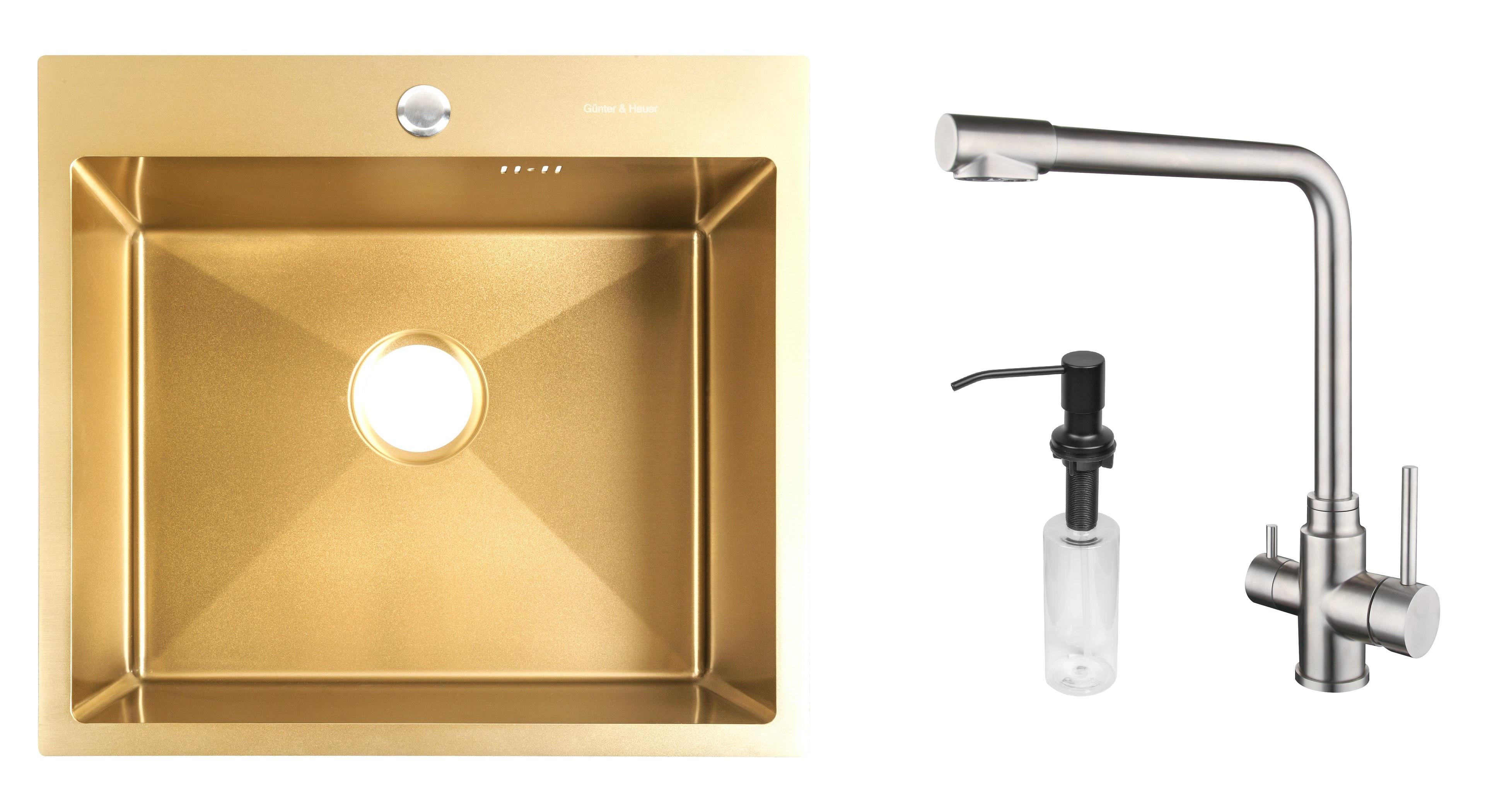 Комплект з кухонної мийки Gunter&Hauer Mindel 5522 Gold кухонного змішувача Gunter&Hauer LUFT Br та дозатора Gunter&Hauer SOAP DISPENSER Black