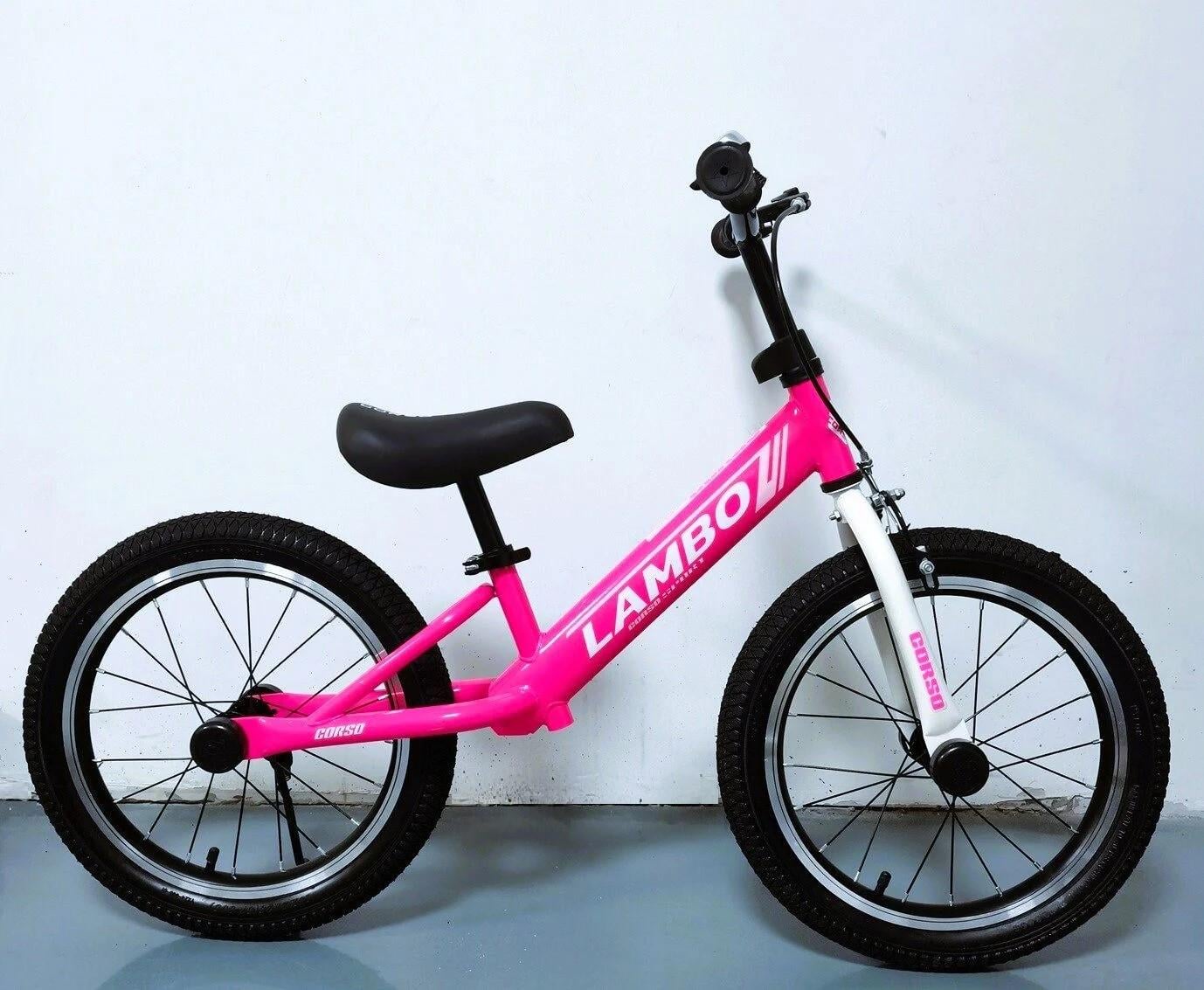 Беговел Corso Lambo стальная рама надувные колеса 16" подножка колокольчик Розовый (LM-53977)