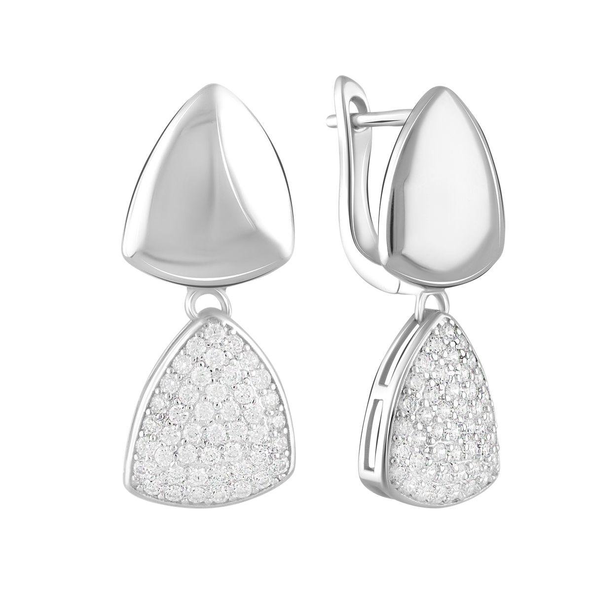 Серьги серебряные с треугольными подвесками и сияющими камнями