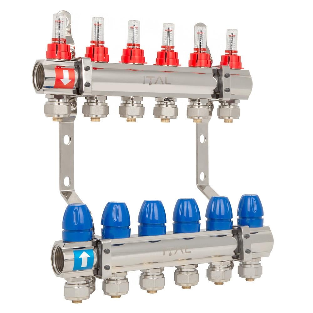 Комплект коллектора с расходомерами ITAL IT06-H2001 из латуни 1"-3/4" евроконус на 6 выходов (1055674)