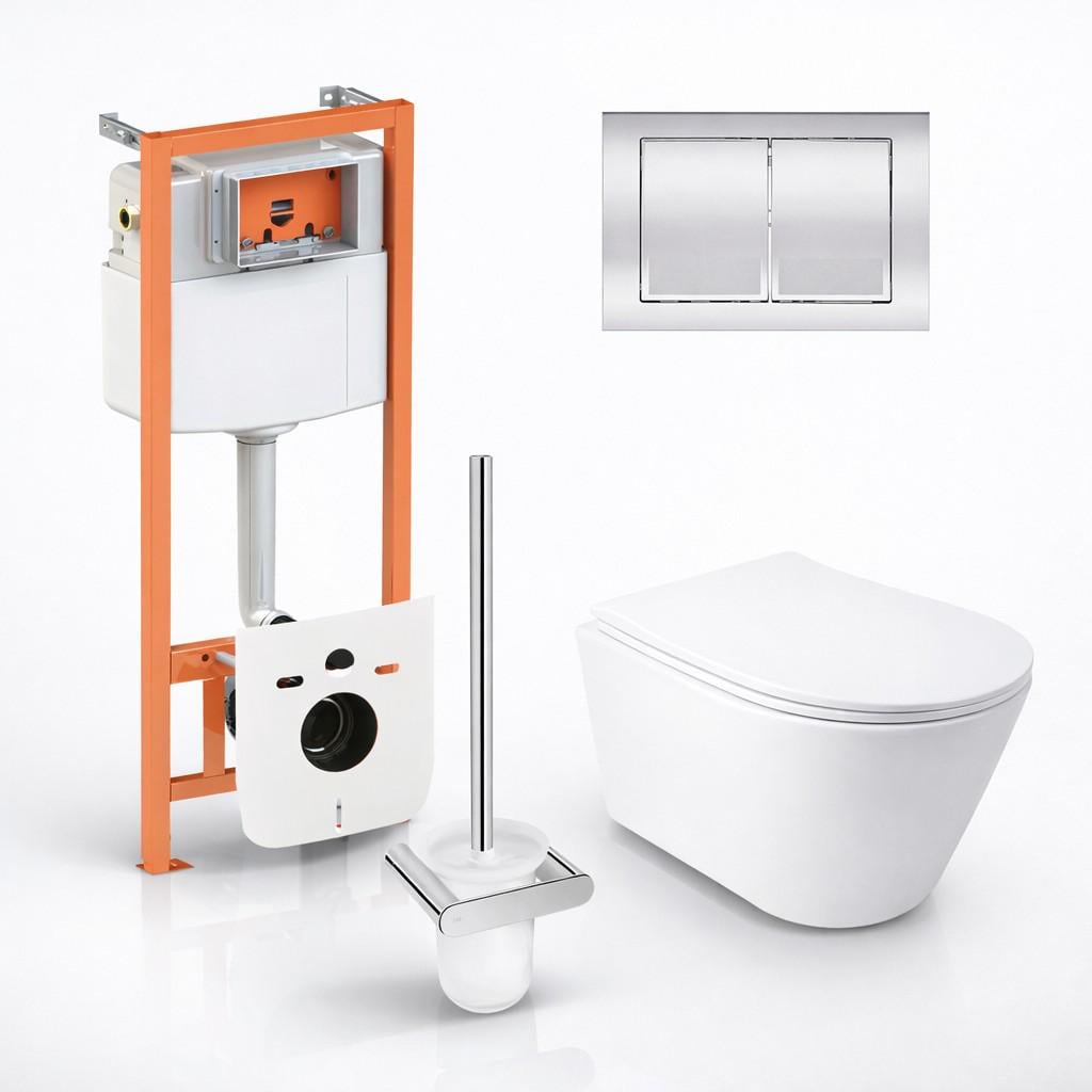 Готовое решение Qtap Jay подвесной унитаз Ultra Quiet/инсталляция Nest 4в1/кнопка Chrome квадратная/ершик (45134)