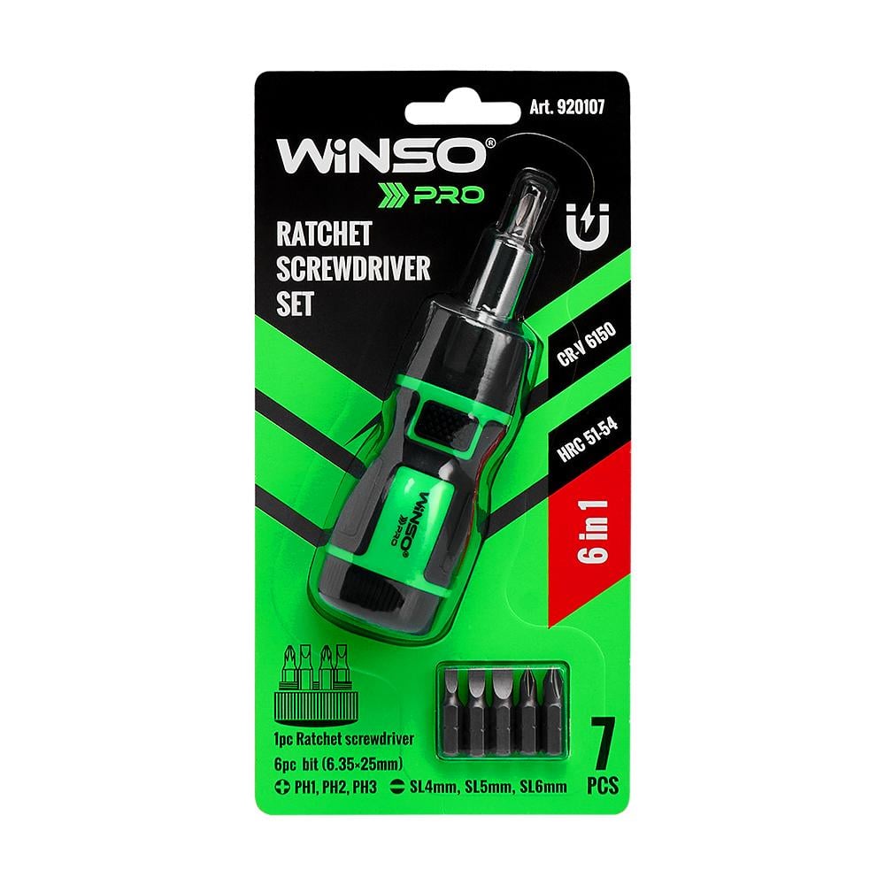 Отвертка WINSO Pro 6в1 реверсивная с комплектом насадок (920107)