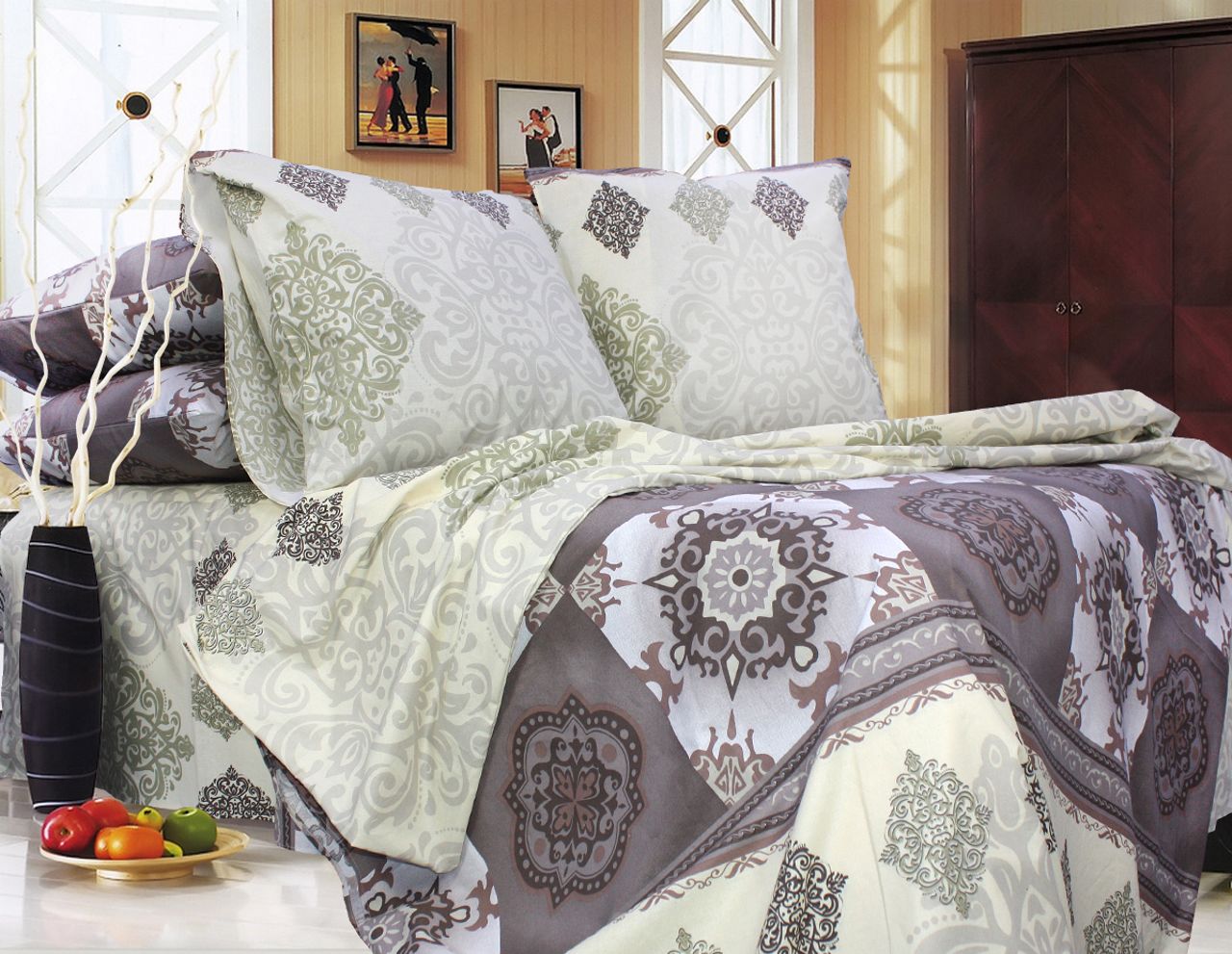 Комплект постельного белья полуторный Еней-плюс Т0688 Коричневый/Бежевый/Серый
