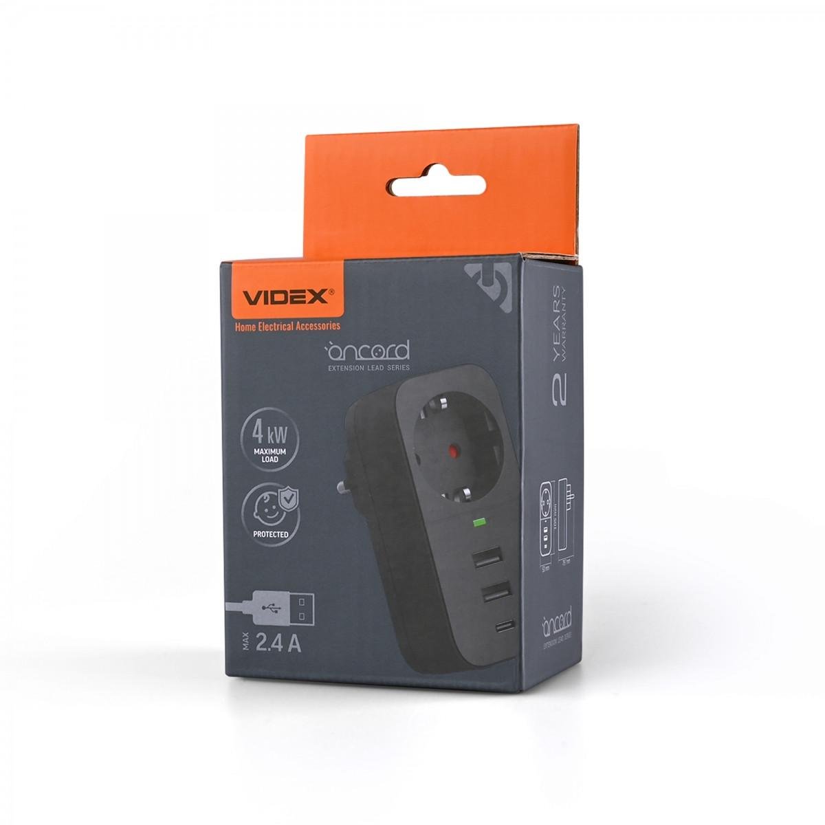 Сетевой адаптер Videx ONCORD 1п 2,4A 2хUSB/Type-C с заземлением Black (VF-AD1G2U1C-B)