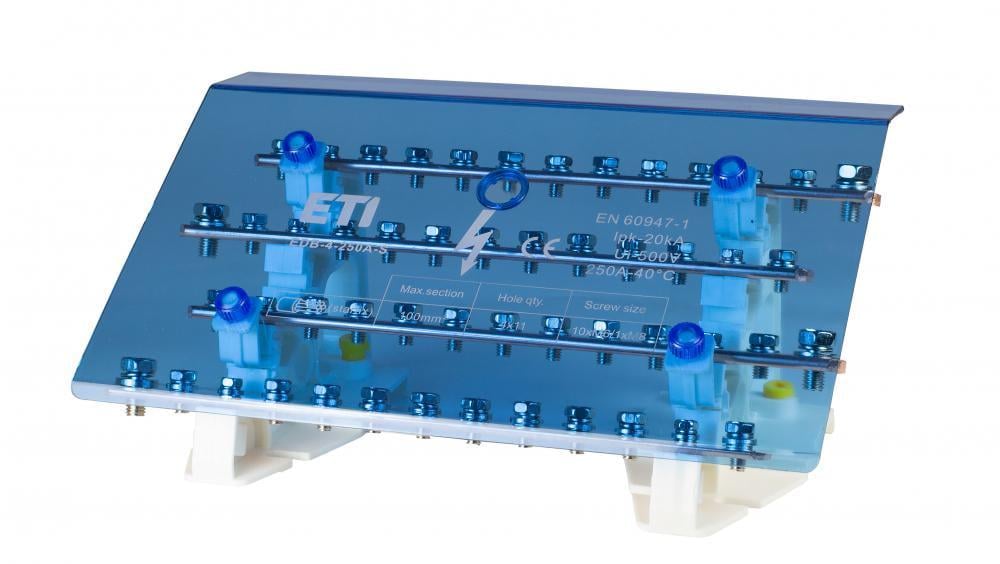 Шина кросс-модуль ETI EDB-4-250A-S 4х11 отворів 250А 3L+PE/N на DIN-рейку (1102312)