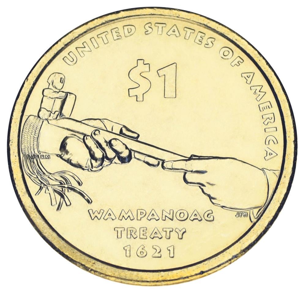 Коллекционная монета США 1 доллар 2011 P UNC Сакагавея Коренные американцы Договор с Вампаноагами Трубка мира (KM#503)