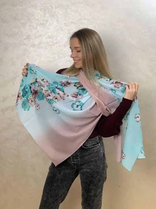 Шарф шифоновый Букет роз Голубой/Бежевый (ШарфШиф14)