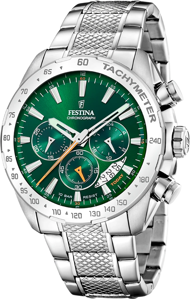 Наручные часы мужские Festina F20668/3 Timeless Chronograph со стальным корпусом WR 100 м и зеленым циферблатом