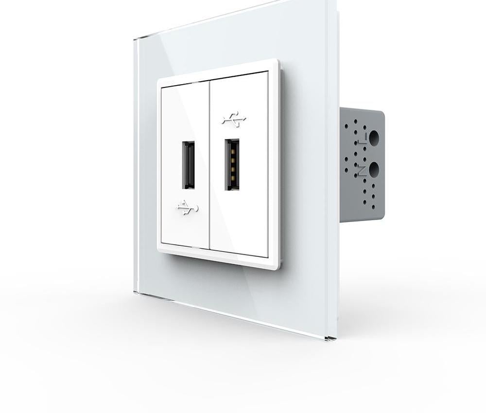 Розетка двойная LIVOLO USB с блоком питания на 10Вт х2 настенная стеклянная рамка Белый (VL-C7FCUA/FCUA-2WP)