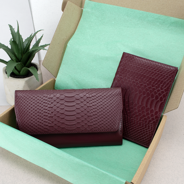 Подарочный женский набор №91 кошелек Leona/обложка на паспорт Бордовый питон (2132347648)