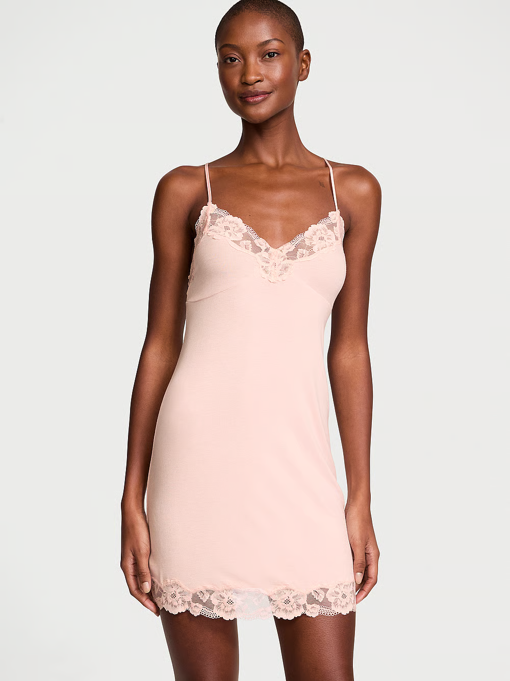 Сукня для сну Victoria's Secret Ribbed Modal & Lace Cross-Back Slip Dress модал M Рожевий (27558043)