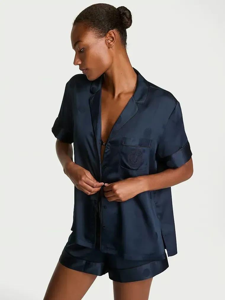 Піжама сорочка/шорти Victoria's Secret Glazed Satin Short Pajama Set М Темно-синій (27111829)