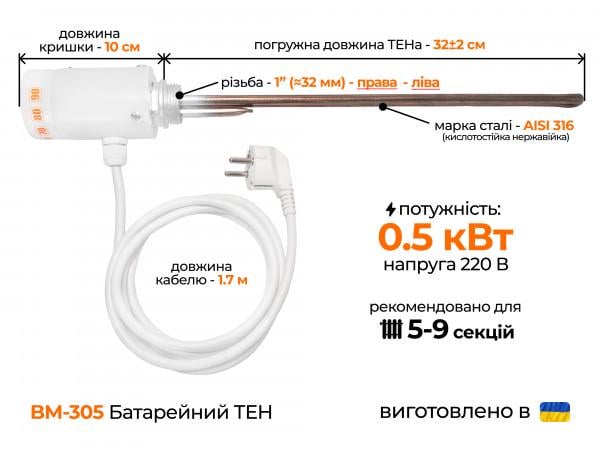 ТЕН для алюмінієвого радіатора Grepan нержавіюча сталь 0,5 кВт 220 V 32 см (BM305 ) - фото 3