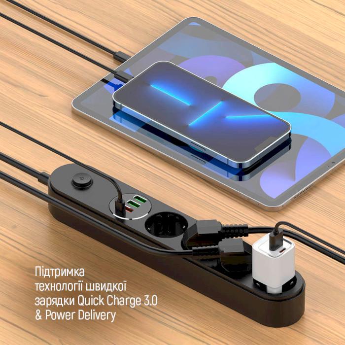 Сетевой фильтр ColorWay CW-CHE44PDB 4 розетки 1 USB-C PD 20W 3 USB-A QC3.0 45W 2 м Black (26076044) - фото 7 Сетевой фильтр ColorWay CW-CHE44PDB 4 розетки 1 USB-C PD 20W 3 USB-A QC3.0 45W 2 м Black (26076044) - фото 7