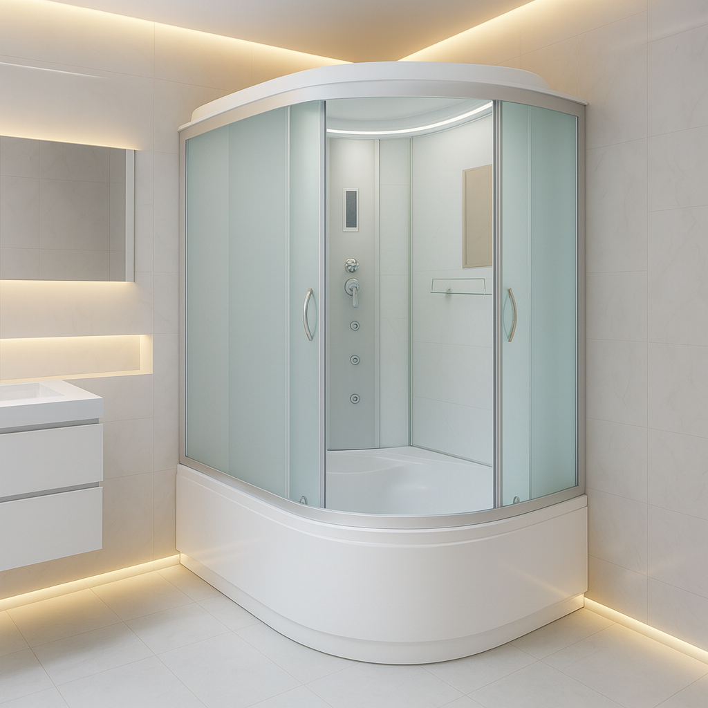 Душовий бокс KO&PO асиметричний лівосторонній з електронікою піддон 40 см матове скло розсувні двері 120х80х215 см (C14844)