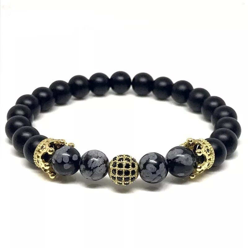 Браслет із шунгіту та обсидіана з кулею та коронами р. 14 Чорний/Золотий/Сірий (90050)