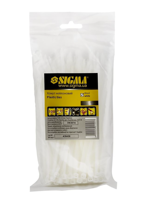 Хомут нейлоновый Sigma 4,8x300 мм 50 шт. Белый (2501251)