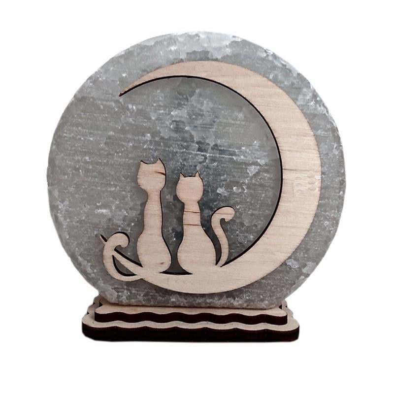 Соляна лампа кругла маленька Коти на Місяці зеленого підсвічування (20079)