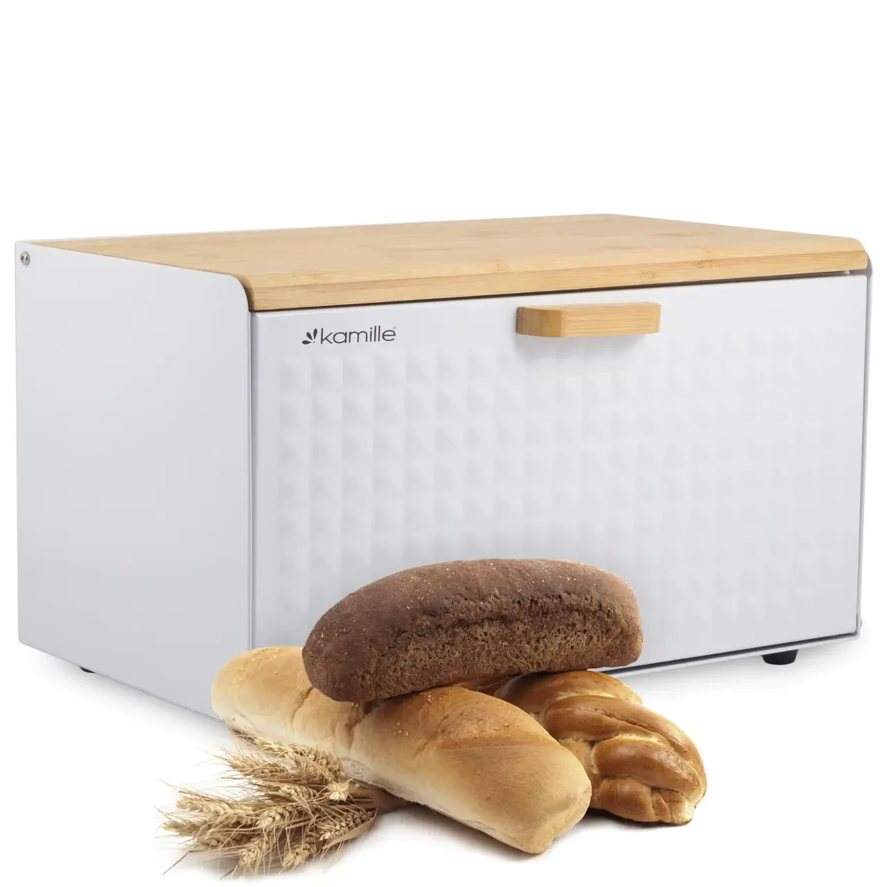 Хлебница Kamille 35,5 см из нержавеющей стали с двумя откидными крышками на магните из дерева Белый (KM-1119)