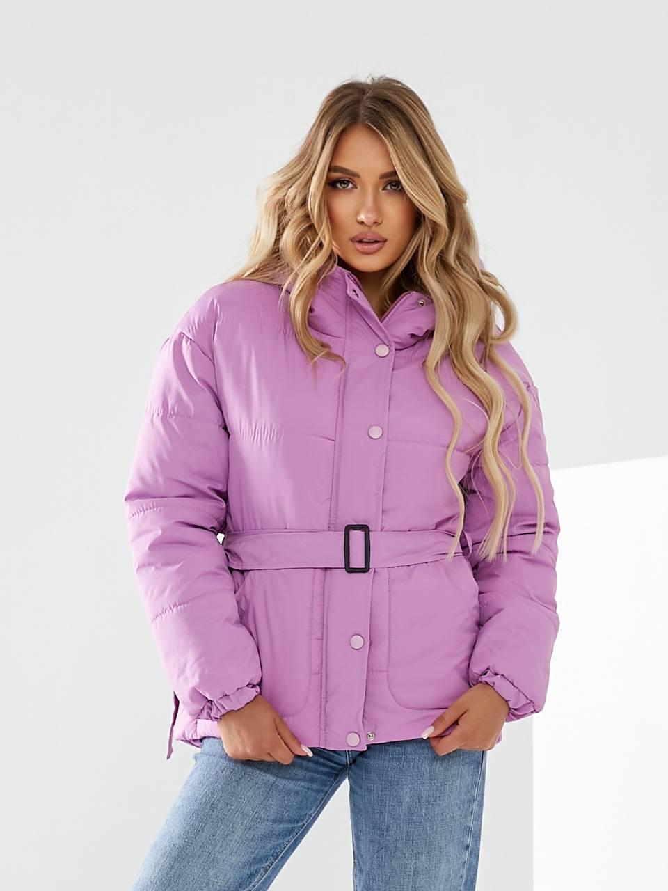 Куртка утеплена Khan коротка з поясом р. 42 Рожевий (Kh332) - фото 8