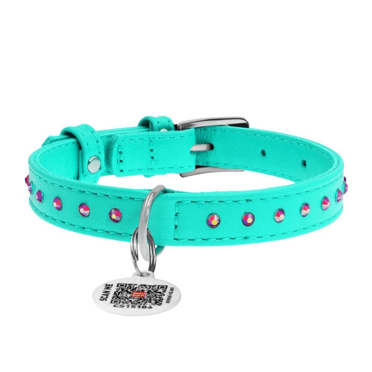 Ошейник для собак кожаный Waudog Glamour с QR паспортом/клеевыми стразами 15 мм х 27-36 см Ментоловый (327713 Col)