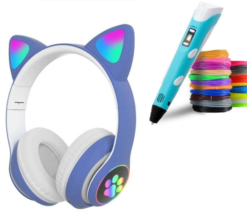Комплект дитячий STN-28 навушники з котячими вушками/3D-ручка для малювання/пластик 50 м Різнокольоровий/Блакитний