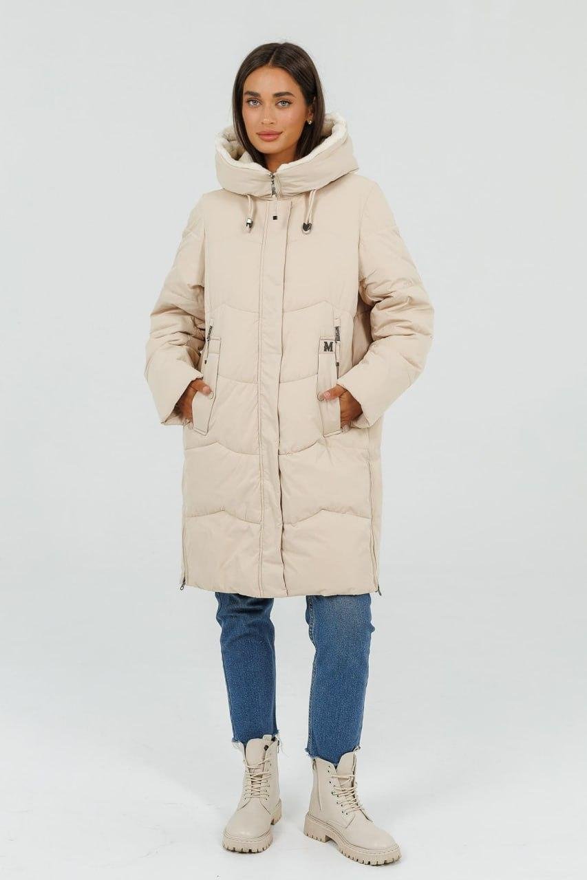 Пуховик-кокон 7254a з хутром р. 50 Молочний - фото 2 Пуховик-кокон 7254a з хутром р. 50 Молочний - фото 2