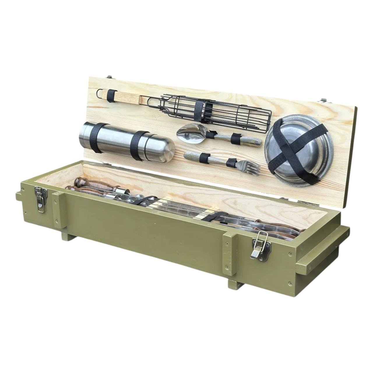 Набор шампуров и аксессуаров Mzavod Комбат из нержавеющей стали в деревянном кейсе 740x250x200 мм 26 пр. Оливковый (136-17-1192010000176)
