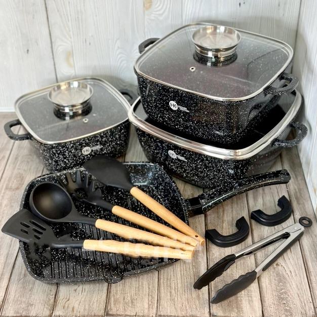 Набір посуду Higher Kitchen HK-317 із гранітним антипригарним покриттям 14 предметів Чорний (317АА) - фото 4 Набір посуду Higher Kitchen HK-317 із гранітним антипригарним покриттям 14 предметів Чорний (317АА) - фото 4