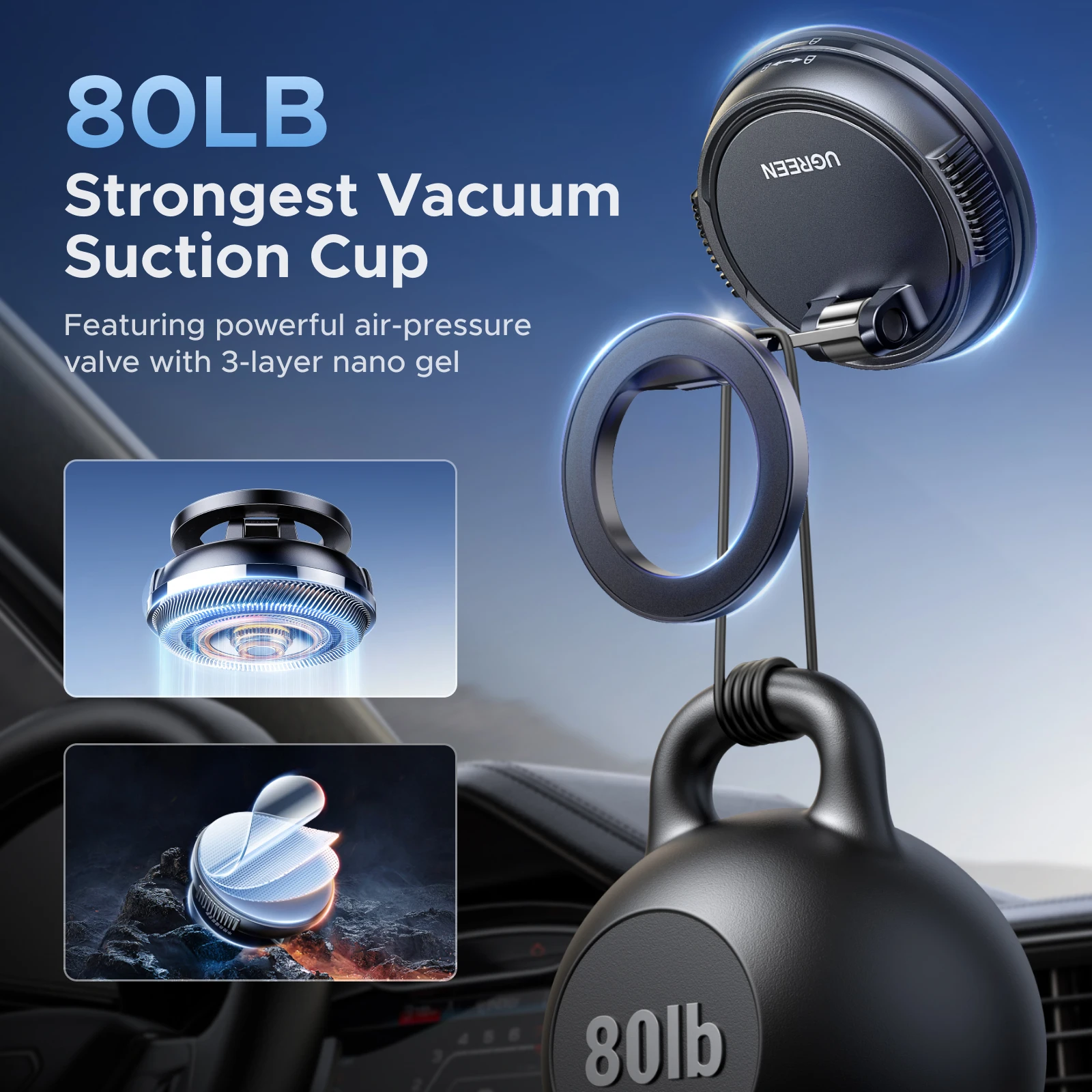 Магнитный крепеж для телефона UGREEN LP926 360° на присоске для приборной панели Magsafe Black (65187) - фото 9