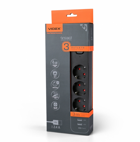 Удлинитель Videx ONCORD 2USB+USB-C с кнопкой 3 м Черный (29436533)