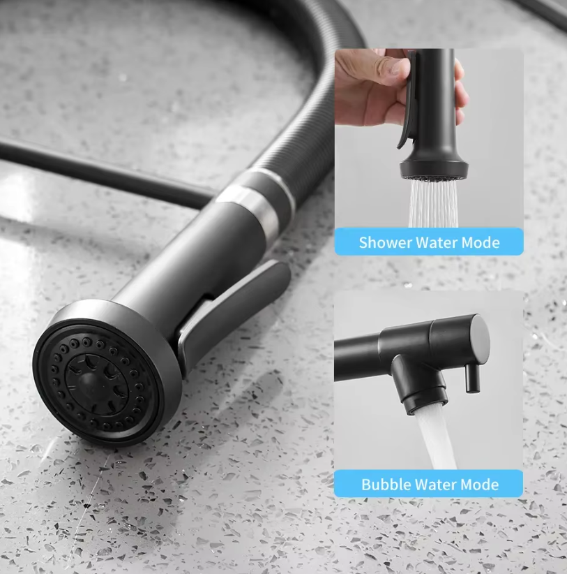 Змішувач для кухні з латуні зі стаціонарним і висувним виливом з нержавіючої сталі Чорний - фото 8 Змішувач для кухні з латуні зі стаціонарним і висувним виливом з нержавіючої сталі Чорний - фото 8