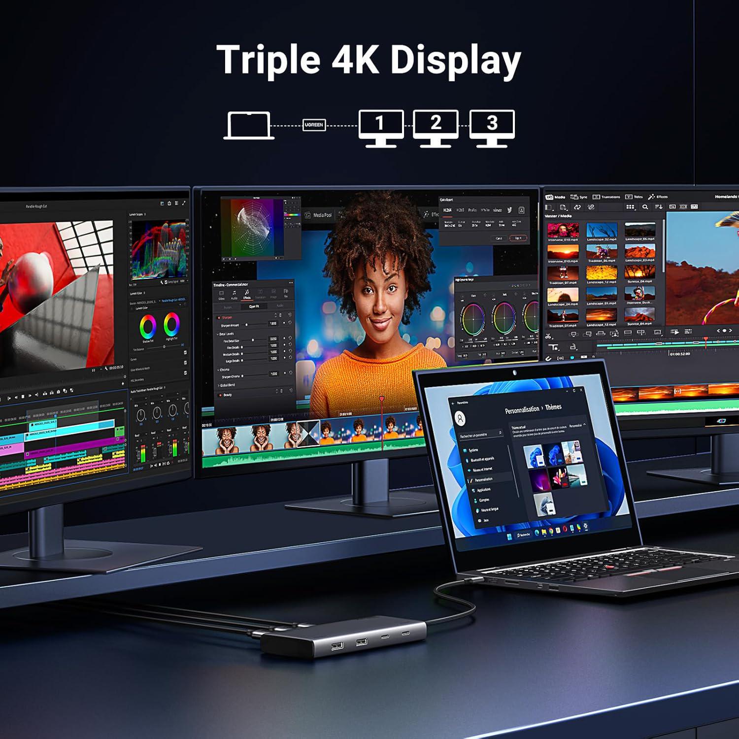 Док-станція UGREEN USB-C потрійний 4K дисплей 10Гбіт/с USB 3.2 PD 100Вт 30 см Сірий (35625) - фото 11 Док-станція UGREEN USB-C потрійний 4K дисплей 10Гбіт/с USB 3.2 PD 100Вт 30 см Сірий (35625) - фото 11