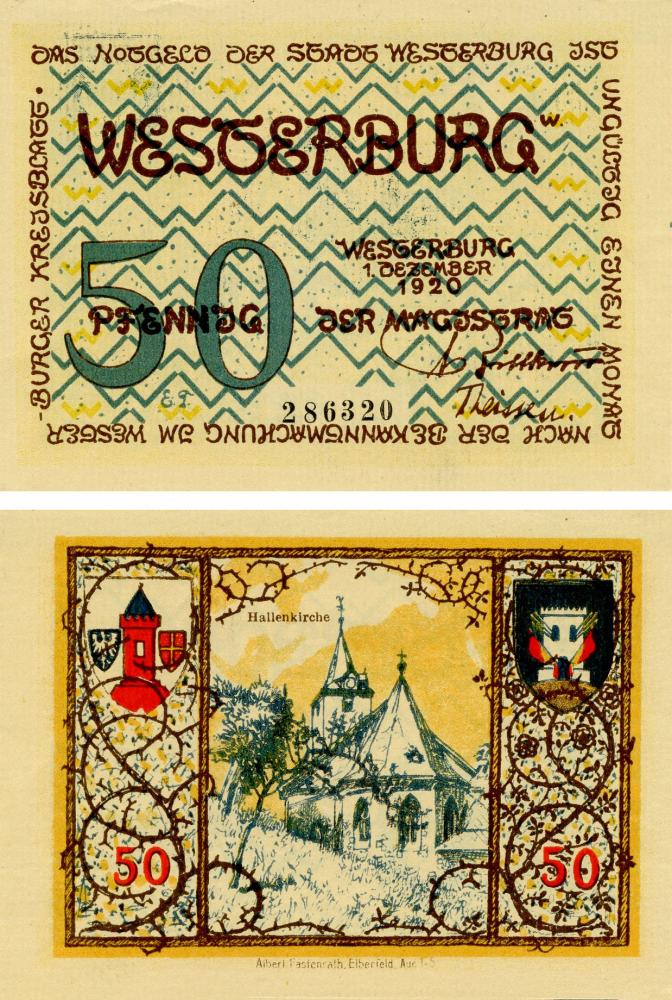 Колекційна банкнота Німеччина Нотгельд 50 пфеннігів 1920 F-VF Вестербург-hallenkirche (Б16105)