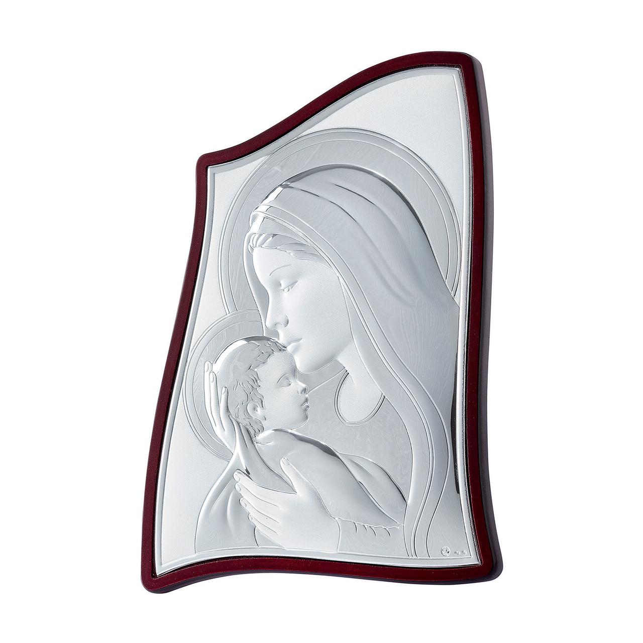 Срібна Ікона Марія з Немовлям в кіоті з дерева 7,5х6 см