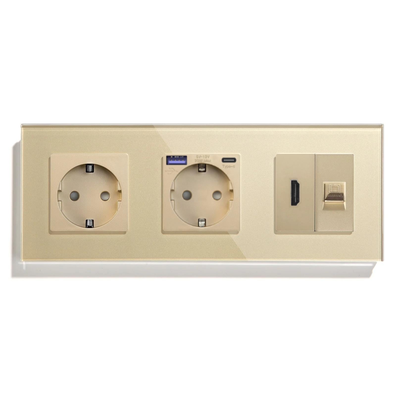 Розетка LUXION с USB 20Вт HDMI/интернет RJ-45 с заземлением/шторками 250В 16А стеклянная рамка Золотой (LX-M3FGACHDMICAT6-GD)