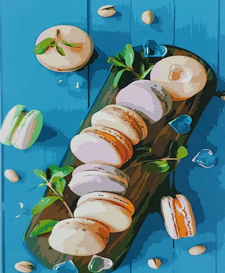 Картина по номерам Strateg Премиум Сладкие макаруны с лаком и уровнем 40x50 см (SY6831)