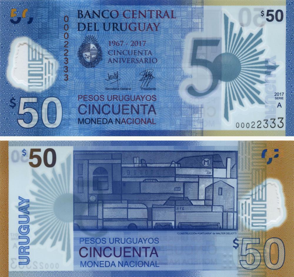Коллекционная банкнота Уругвай 50 песо 2017 Полимер Памятная UNC P100 (Б10065)