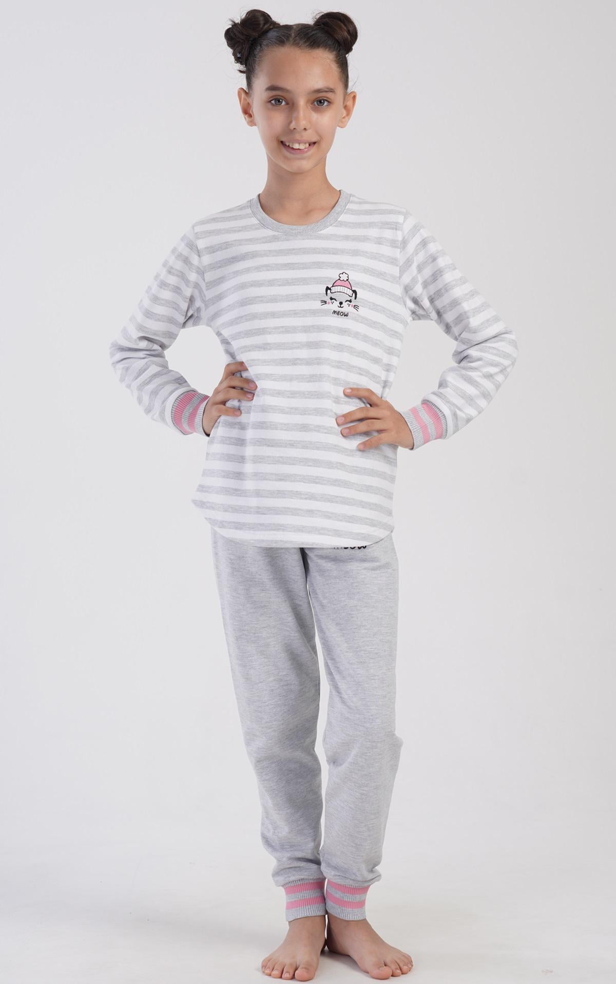 Пижама детская для девочек лонгслив и штаны Vienetta с начесом 146-152 см Светло-серый (403027)