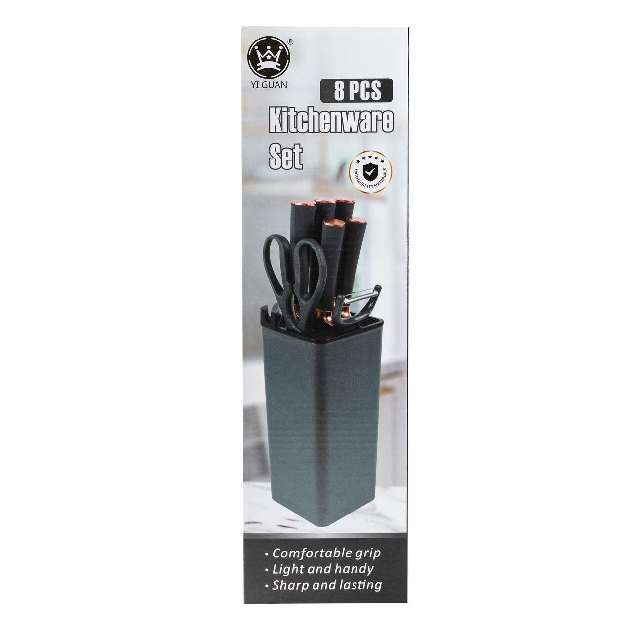 Набор кухонных ножей с ножницами и овощечисткой на подставке 5 штук Черный - фото 6