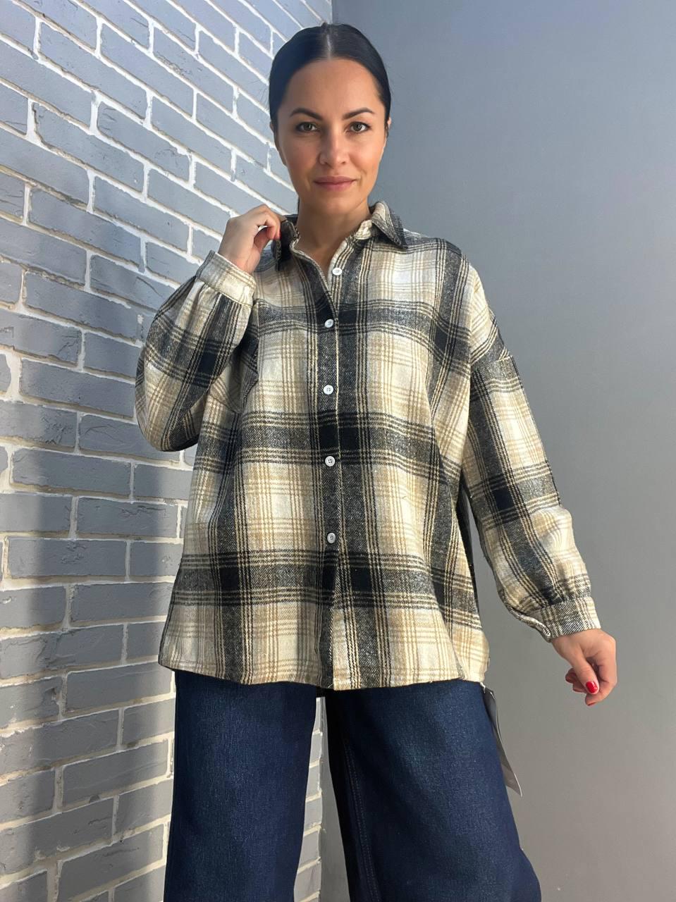 Рубашка женская A-N 211 клетчатая оверсайз в клетку теплый байковый карман OS Темно-бежевый (2954)