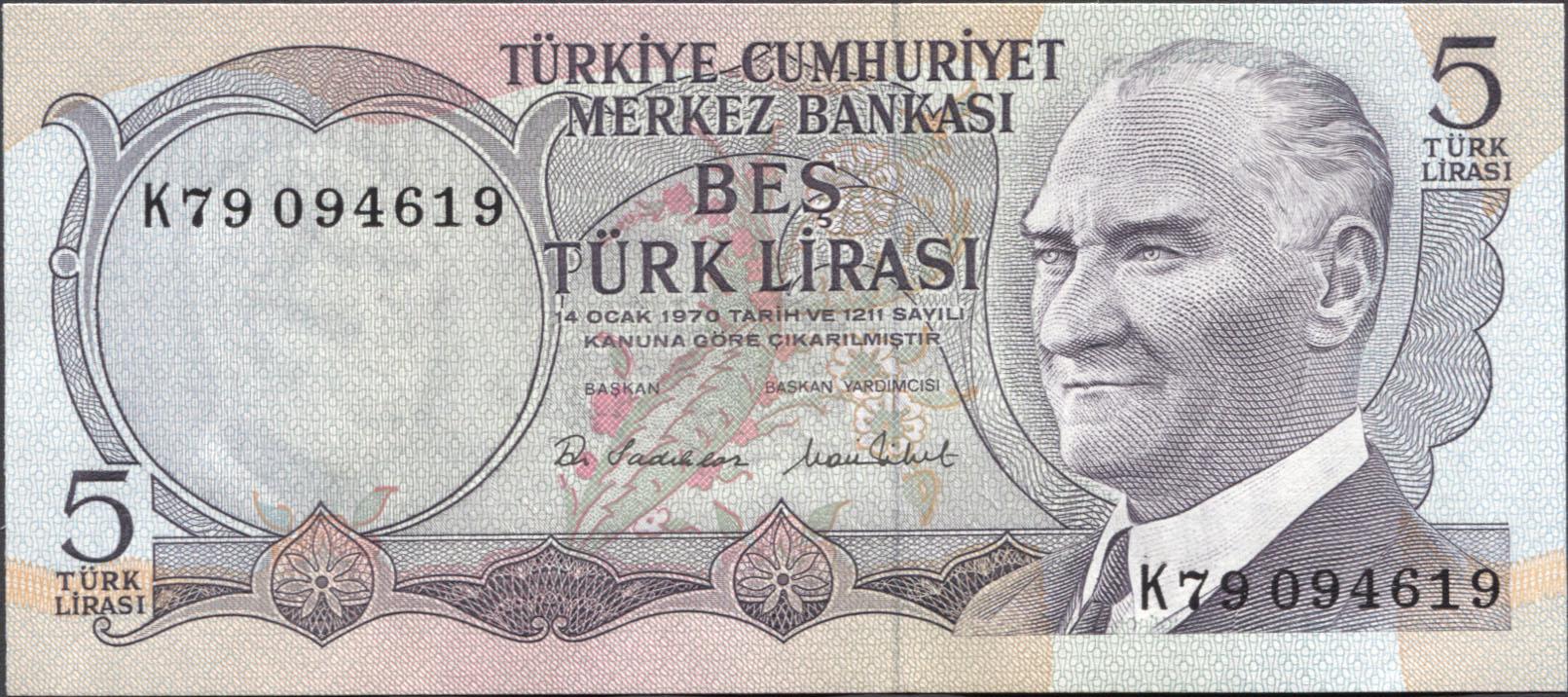 Коллекционная банкнота Турция 1970 5 лир 1971-1982 P185 UNC