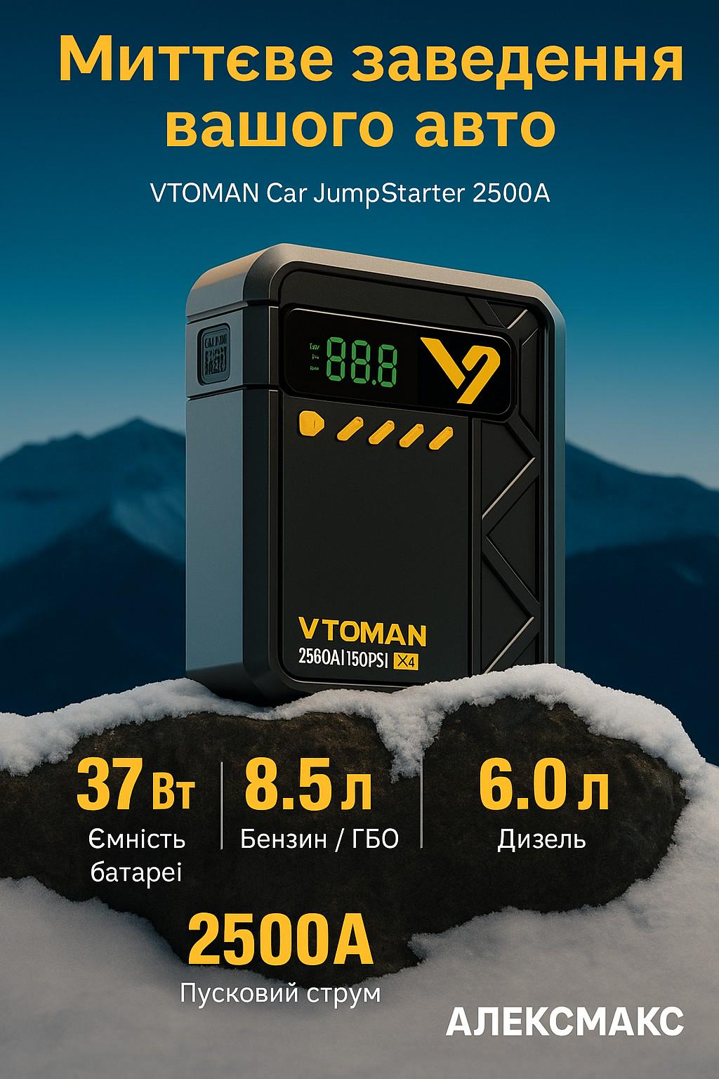 Пусковое устройство VTOMAN X4 2500A с компрессором 150 PSI Jump Starter 12В для авто до 8,5 л дизель до 6 л - фото 2 Пусковое устройство VTOMAN X4 2500A с компрессором 150 PSI Jump Starter 12В для авто до 8,5 л дизель до 6 л - фото 2