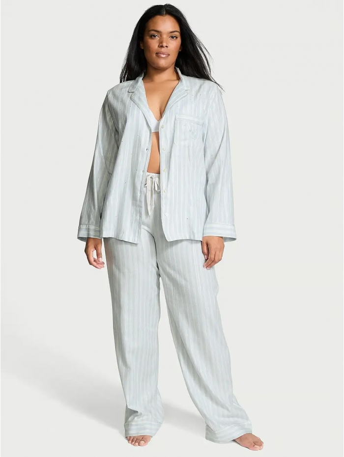 Піжама жіноча Victoria's Secret Flannel Long Pajama Set фланелева L Блакитний у смужку (23451034)